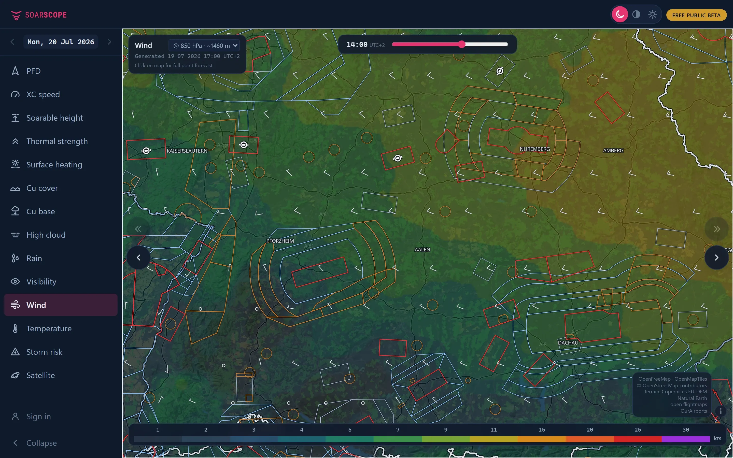Wind around Aalen-Elchingen at about 1,500 m, with wind barbs