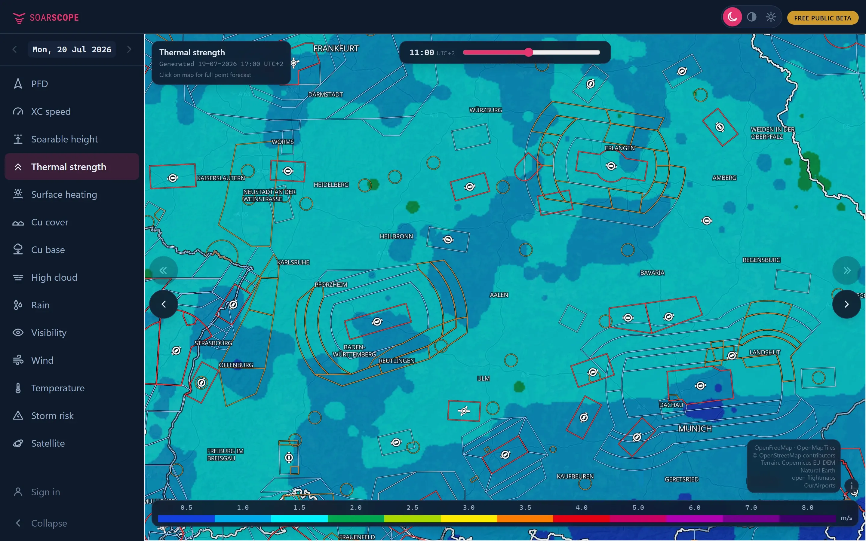 Thermal strength around Aalen-Elchingen at 11:00, 13:00 and 15:00