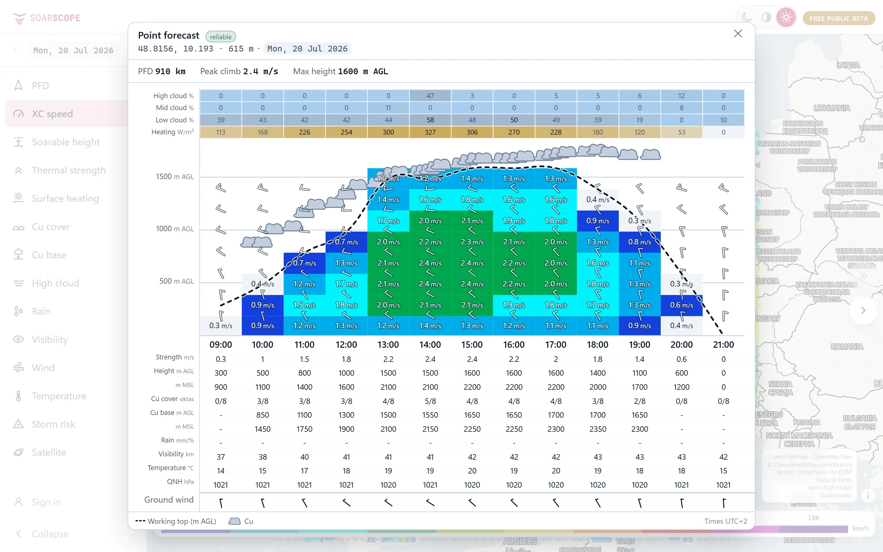 The point forecast panel for Aalen-Elchingen in southern Germany, with the climb, cloud and wind through the day