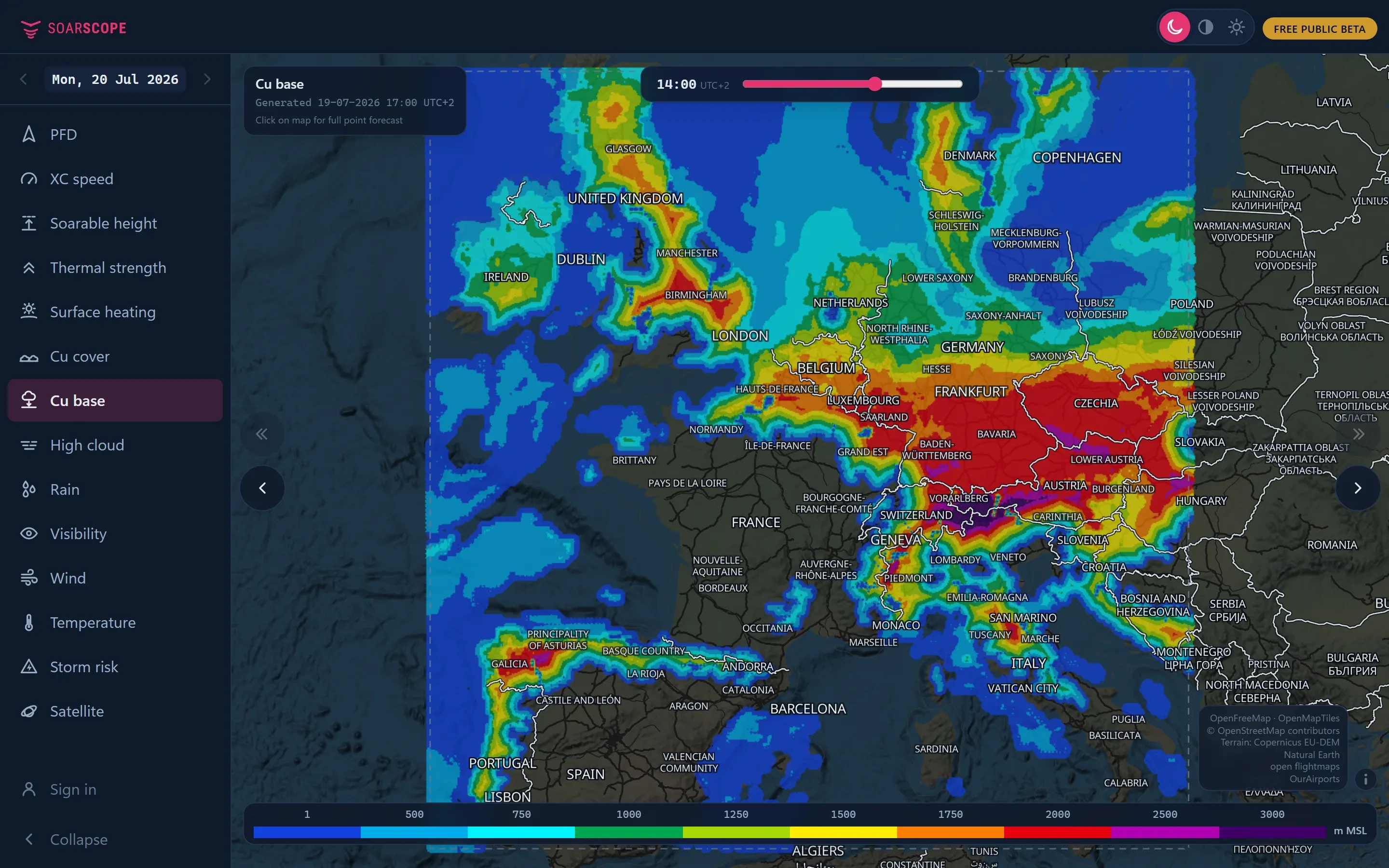SoarScope Cu base layer over Europe. Altitude where Cu forms.