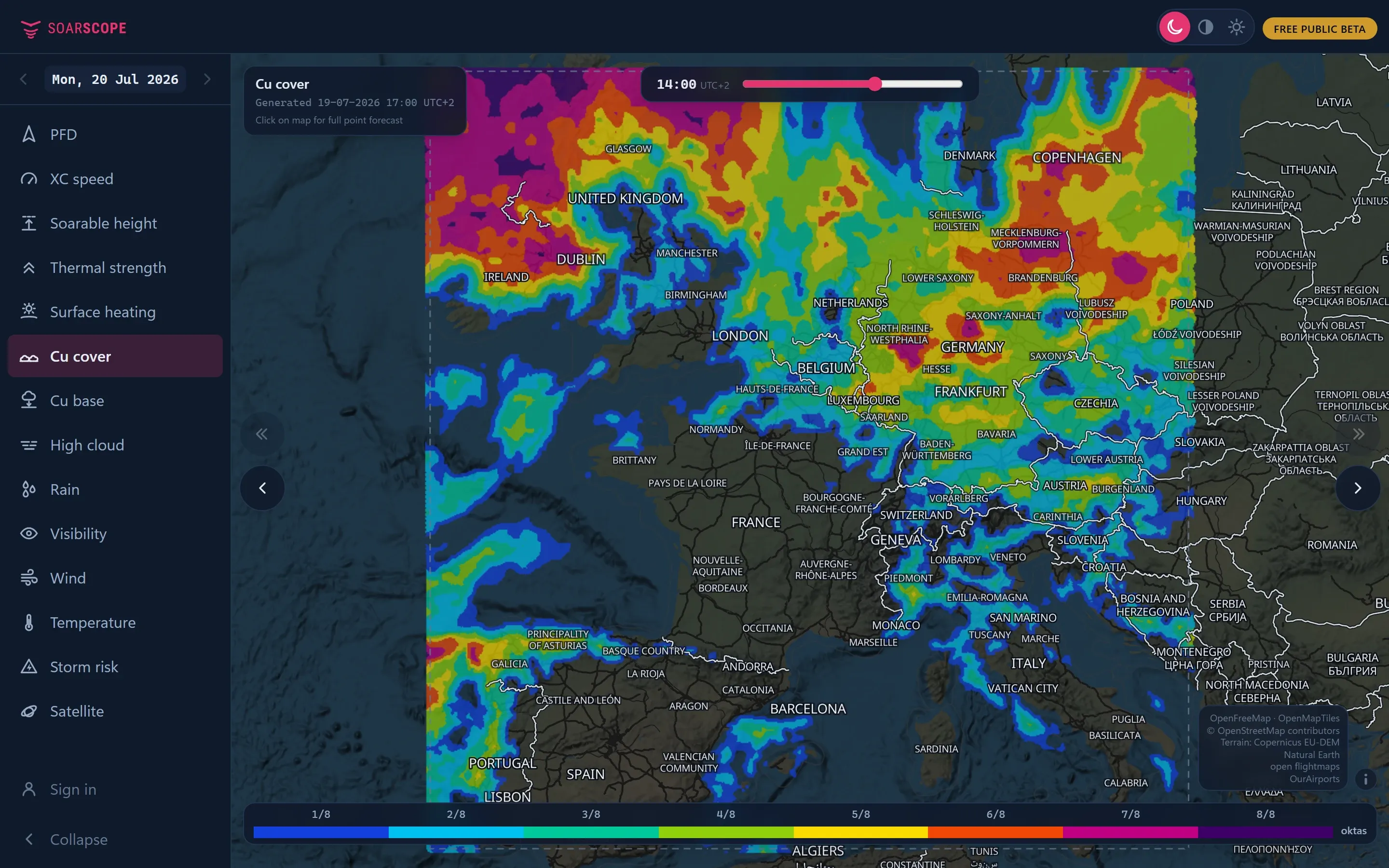 SoarScope Cu cover layer over Europe. Whether Cu forms, and how much.