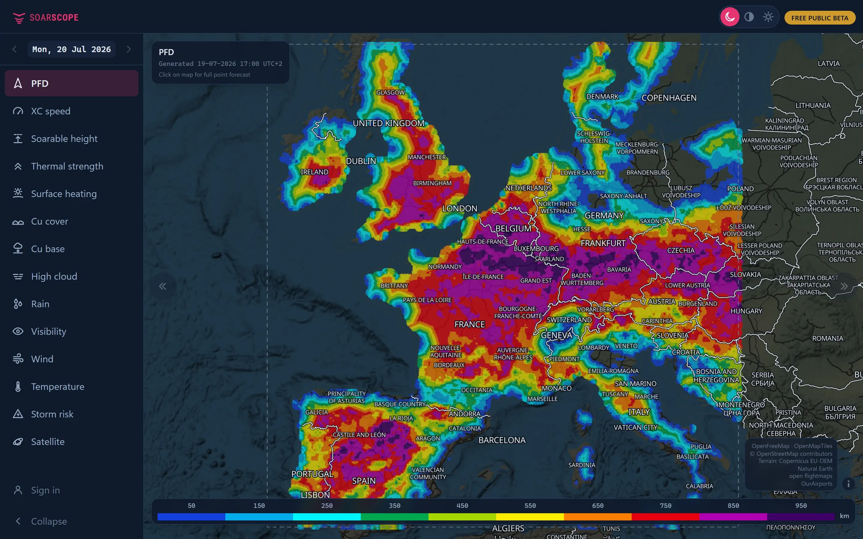 SoarScope PFD layer over Europe. Distances you can really fly.