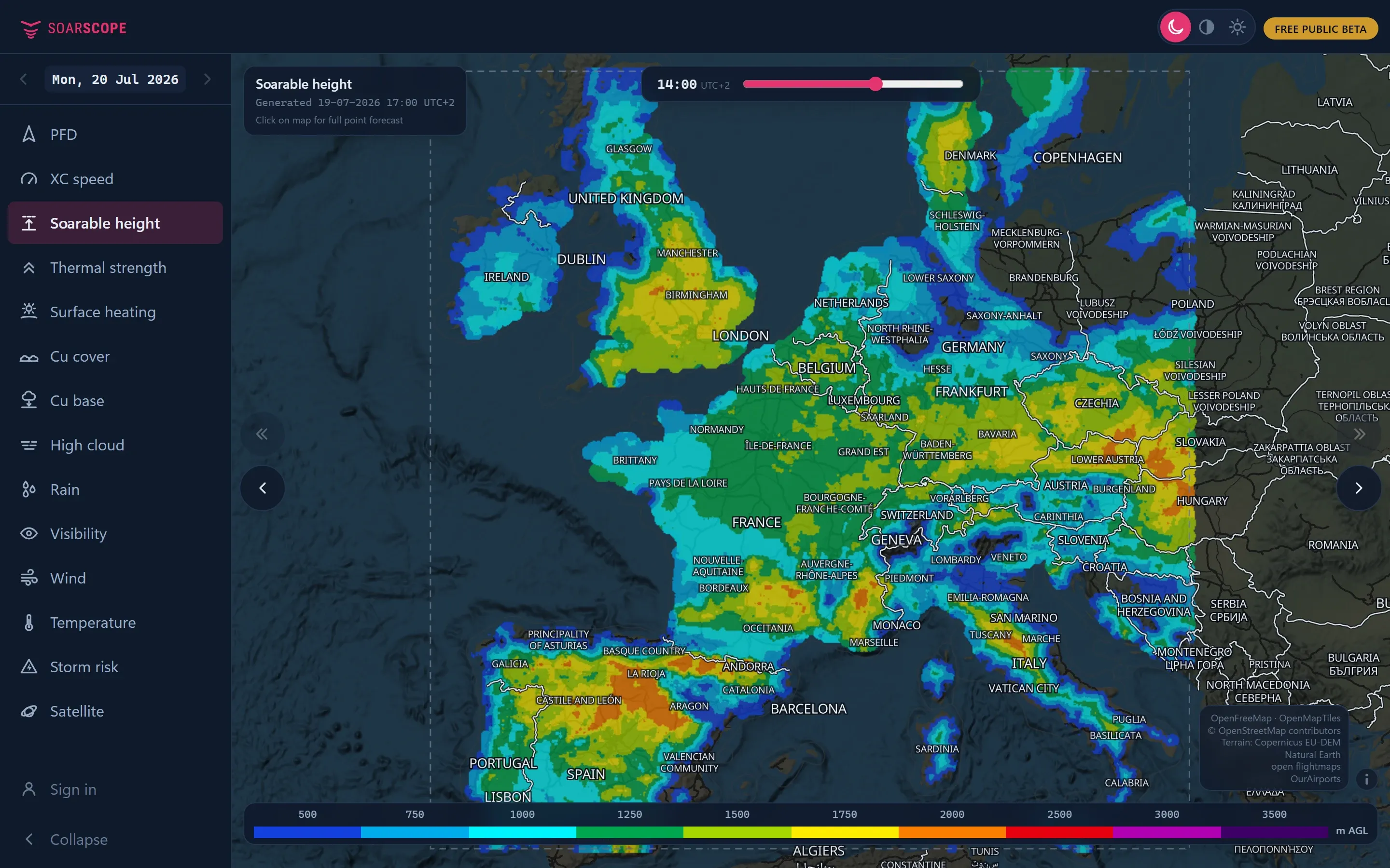 SoarScope Soarable height layer over Europe. Where thermals top out.