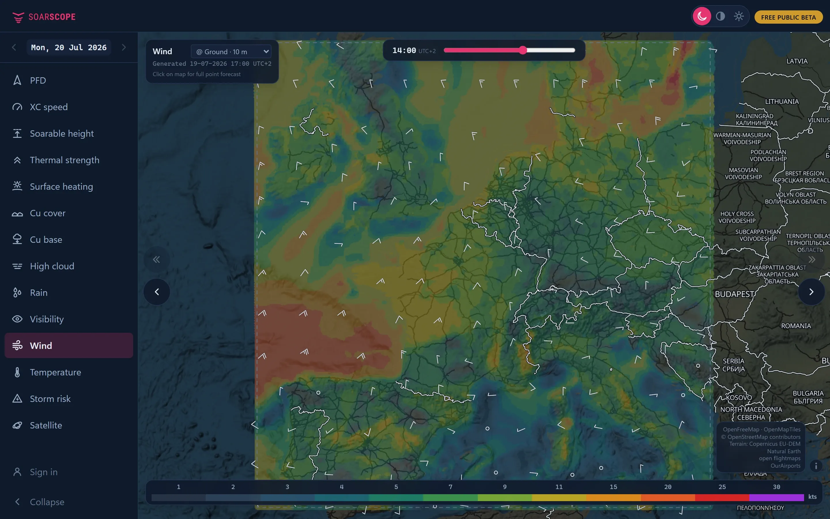 SoarScope Wind layer over Europe. At the ground and higher up.