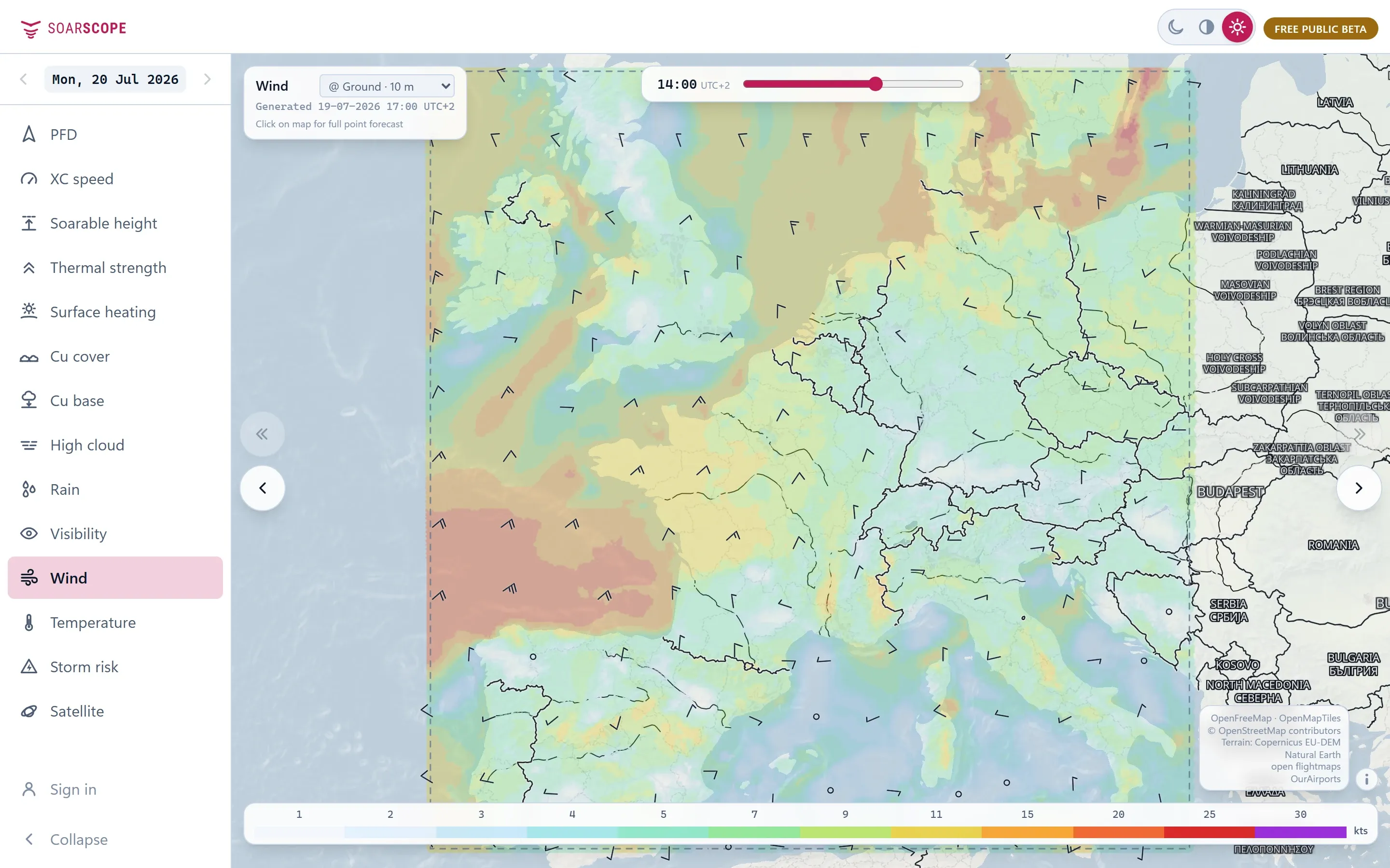 SoarScope Wind layer over Europe. At the ground and higher up.